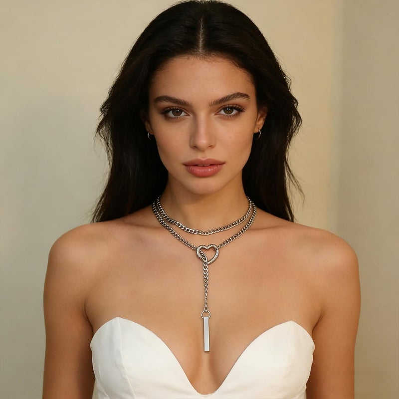 MIFYNN Heart O ring Slip Chain Necklaces for Women Stainless Steel Cuban Chain Bar Necklace Punk Rock Collar Necklace Handmade Adjustable Lariat Y Necklaces for Men - Image 5